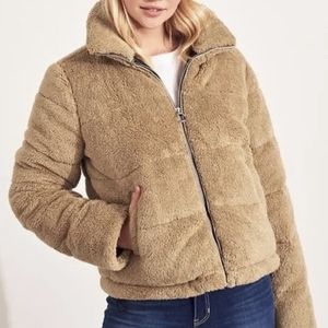 Hollister Mockneck Puffer Faux Fur Sherpa Cream Tan Beige Teddy Jacket Coat Sz L